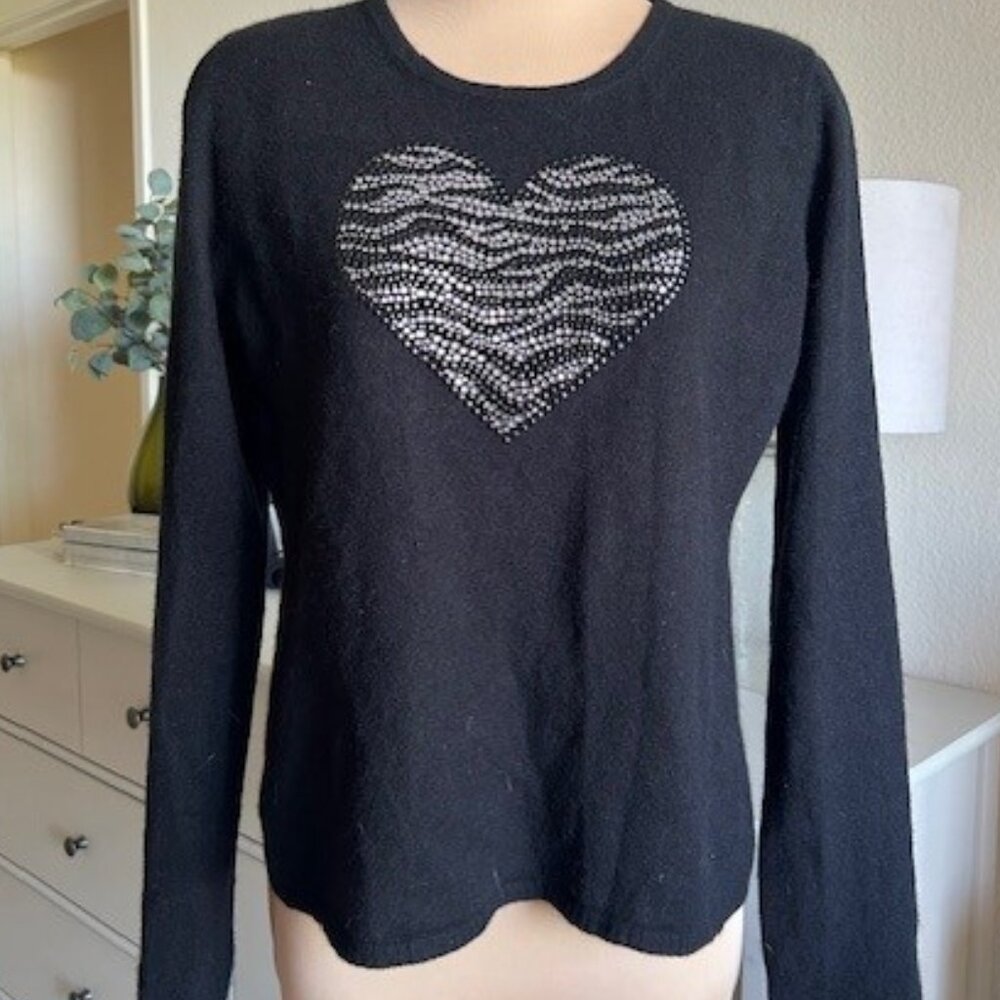 AQUA Black Cashmere Sweater with Jeweled/Studded Heart